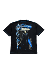 Motivated Premium oversized tee in black, back flat lay with blue lightning swordsman print