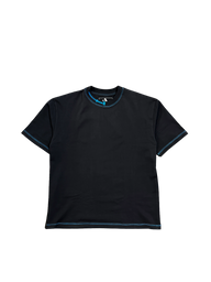 Motivated Premium oversized tee in black with blue contrast stitching, front flat lay