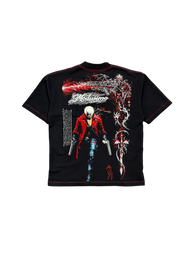 Let's Rock! Premium oversized tee in black, back flat lay with red coat swordsman print