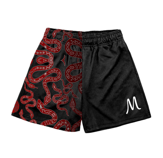 Red Snake Skin Graphic Mesh Shorts